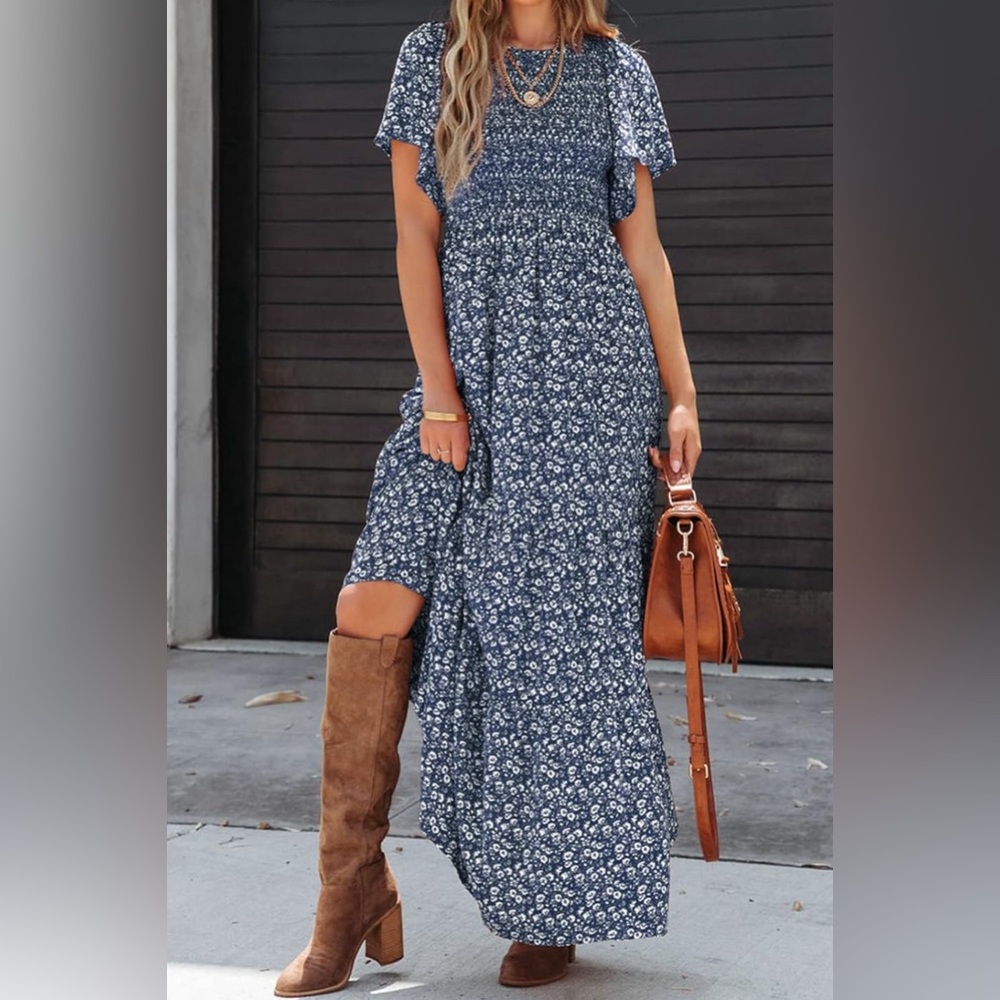 Women's Flutter Short Sleeve Boho Floral Smocked Maxi Dress Size Large